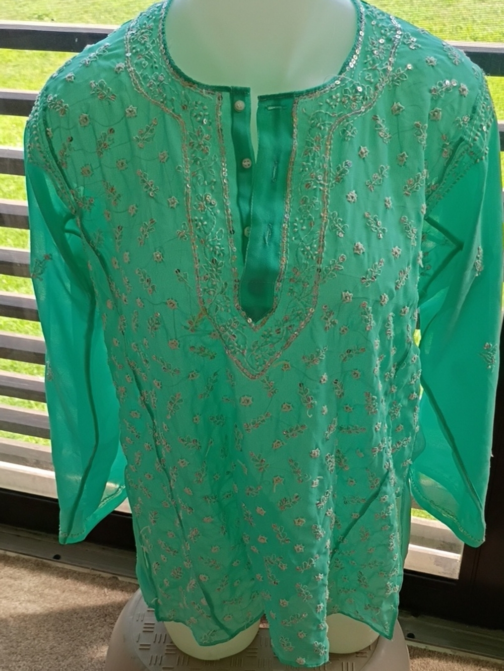Embroidered Green Women's Tunic Top Handmade Custom Vintage Silk